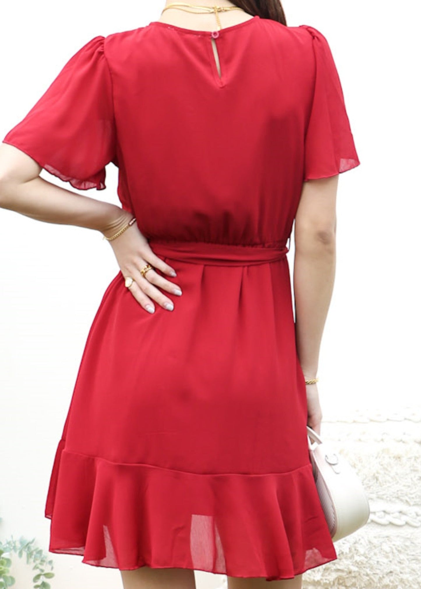 Pleated Neck Overlap Hem Dress