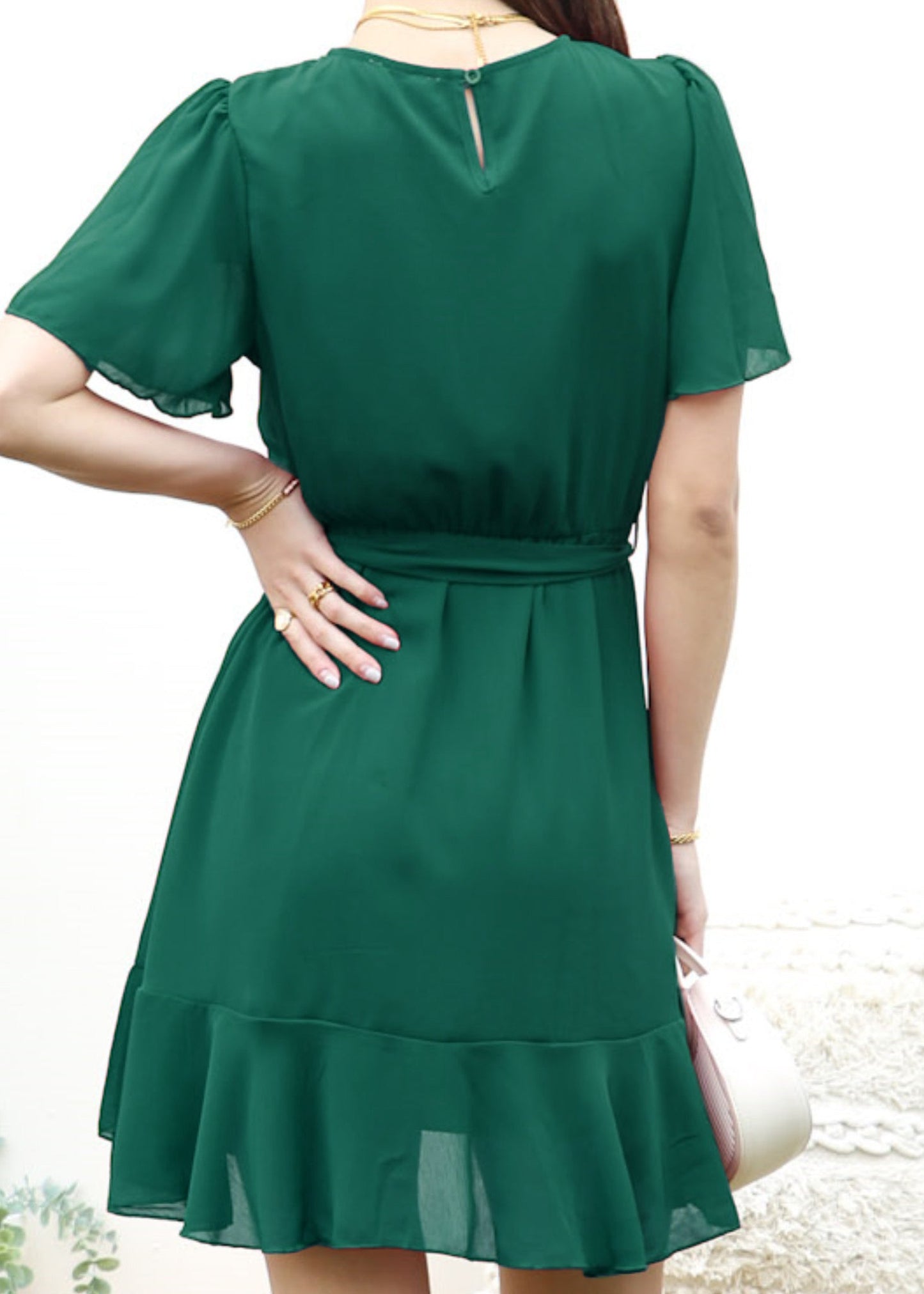 Pleated Neck Overlap Hem Dress