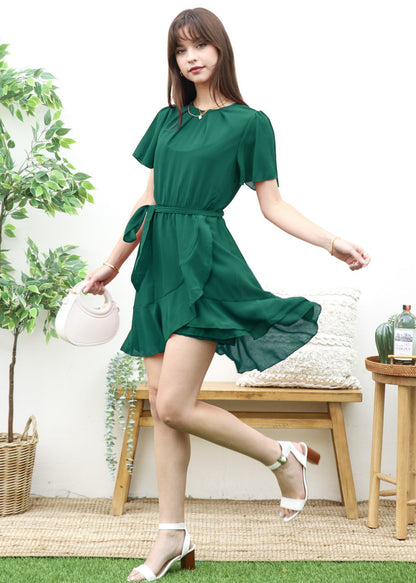 Pleated Neck Overlap Hem Dress