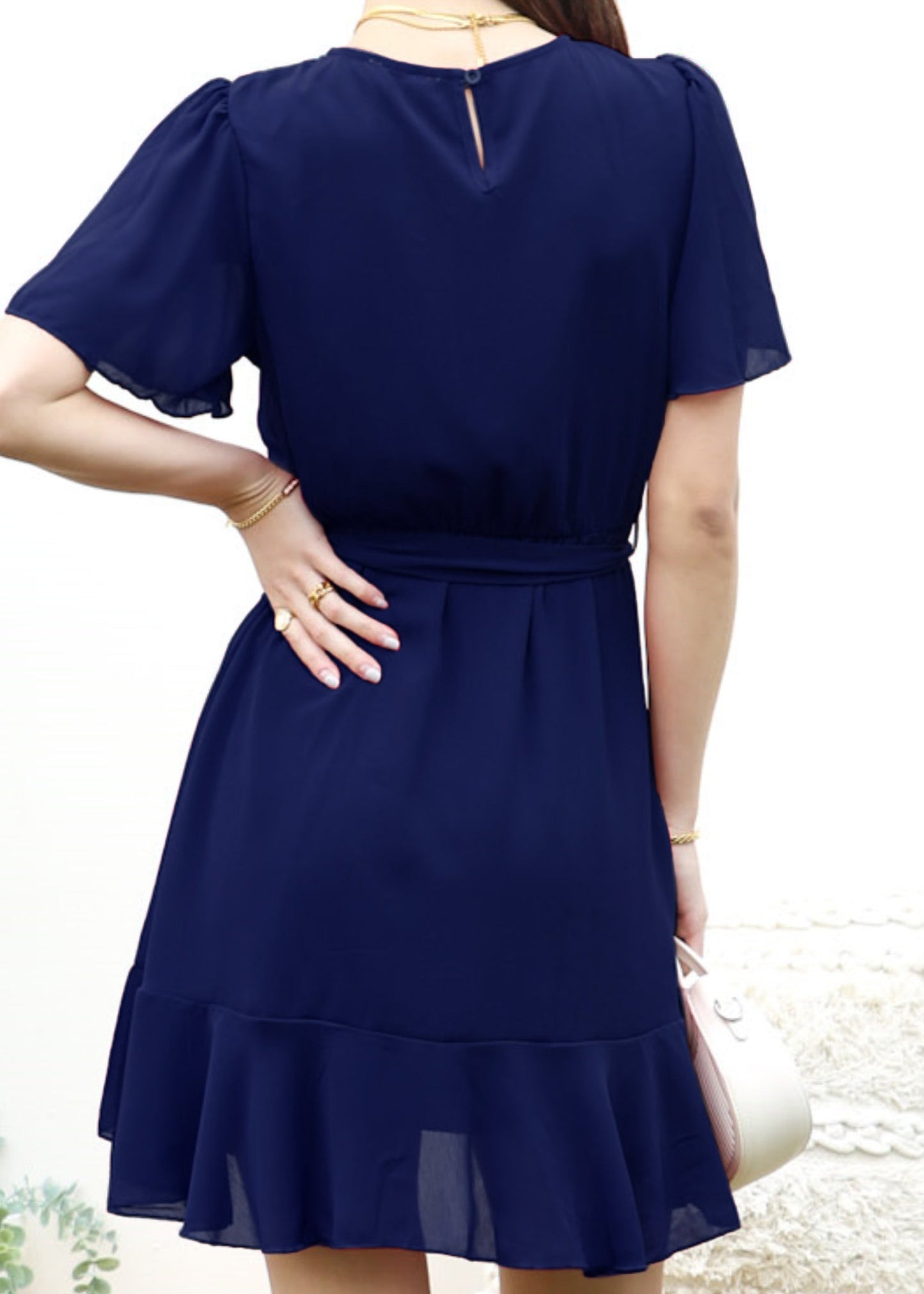 Pleated Neck Overlap Hem Dress