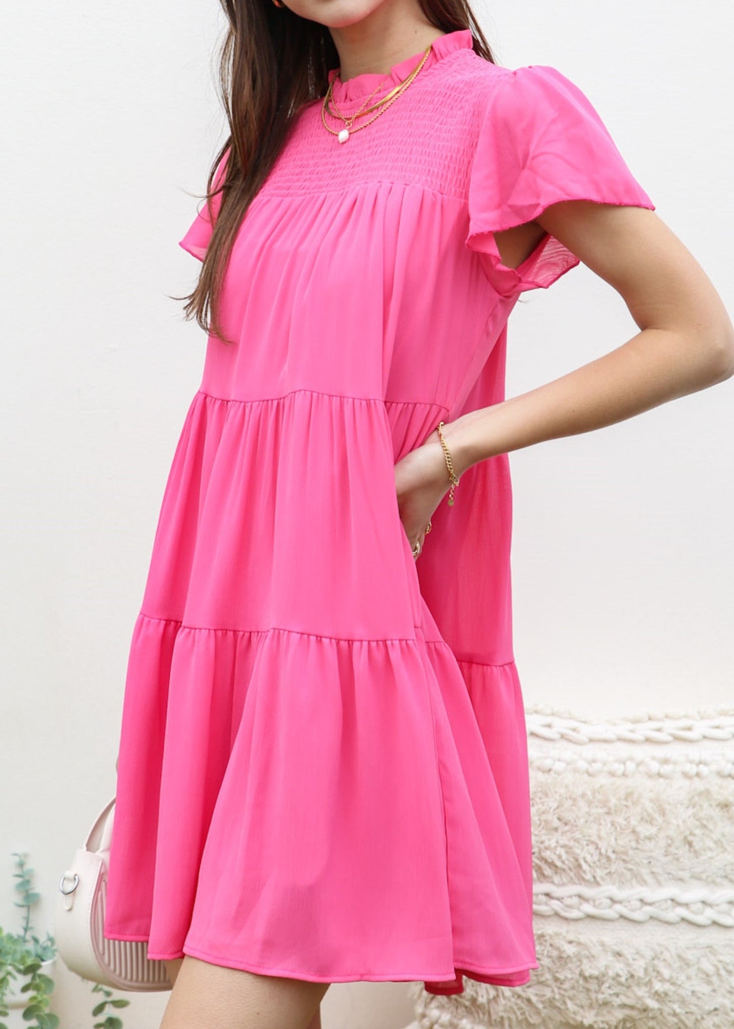 Shirred High Neck Tiered Dress