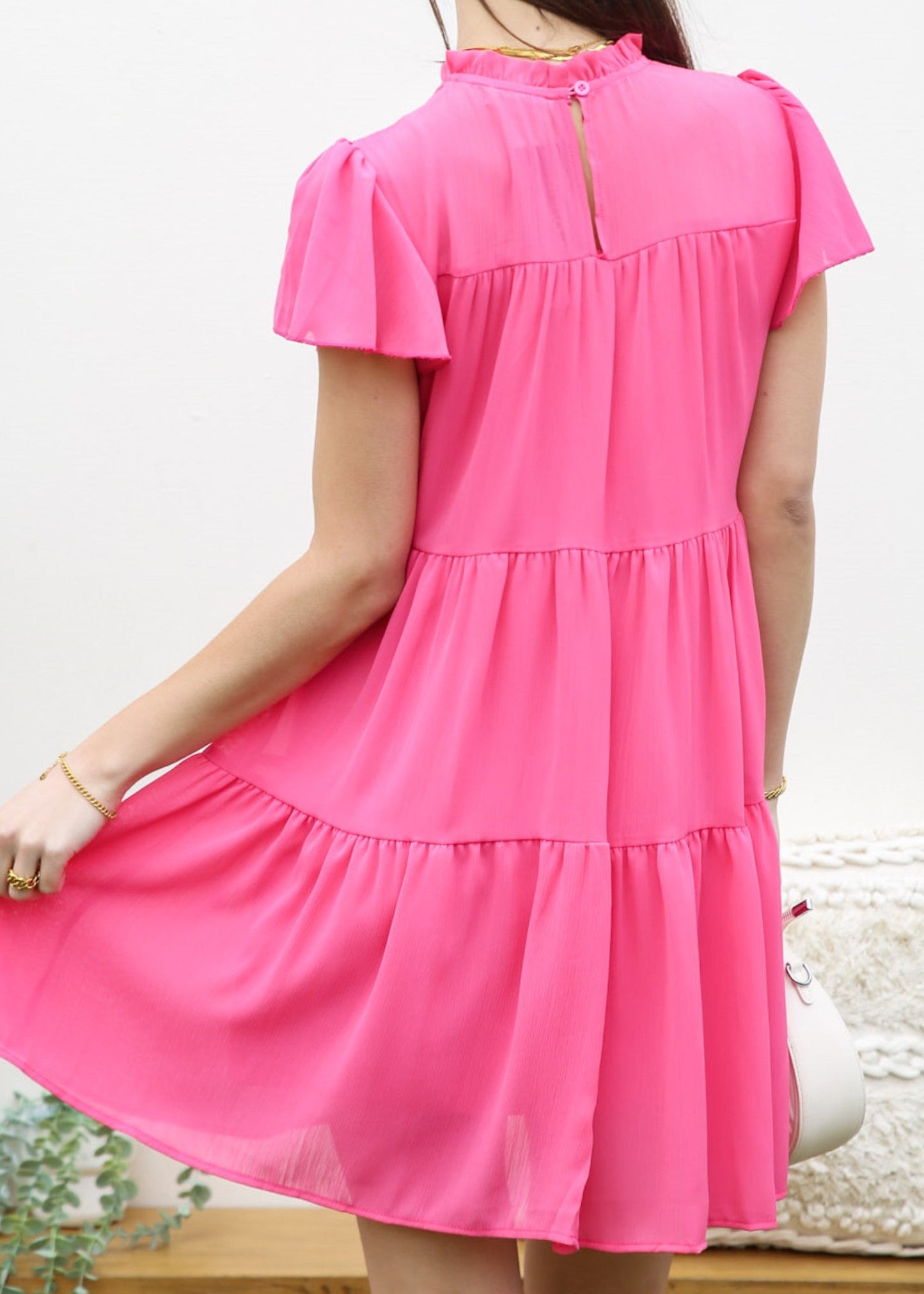 Shirred High Neck Tiered Dress