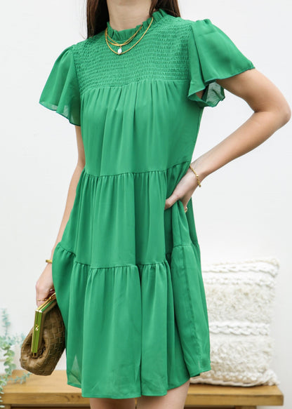 Shirred High Neck Tiered Dress