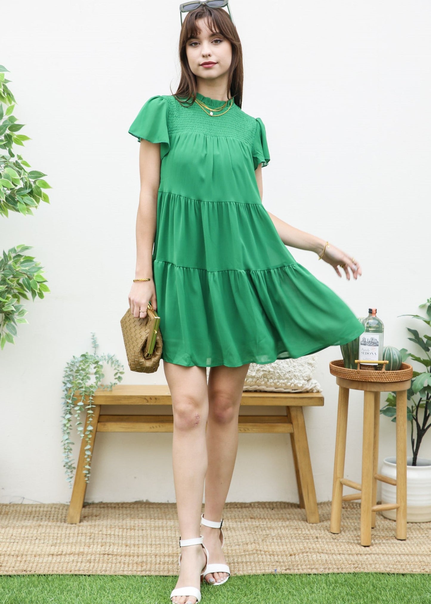 Shirred High Neck Tiered Dress