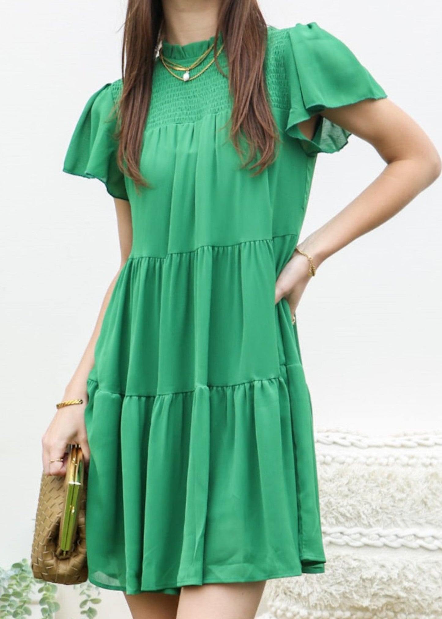 Shirred High Neck Tiered Dress