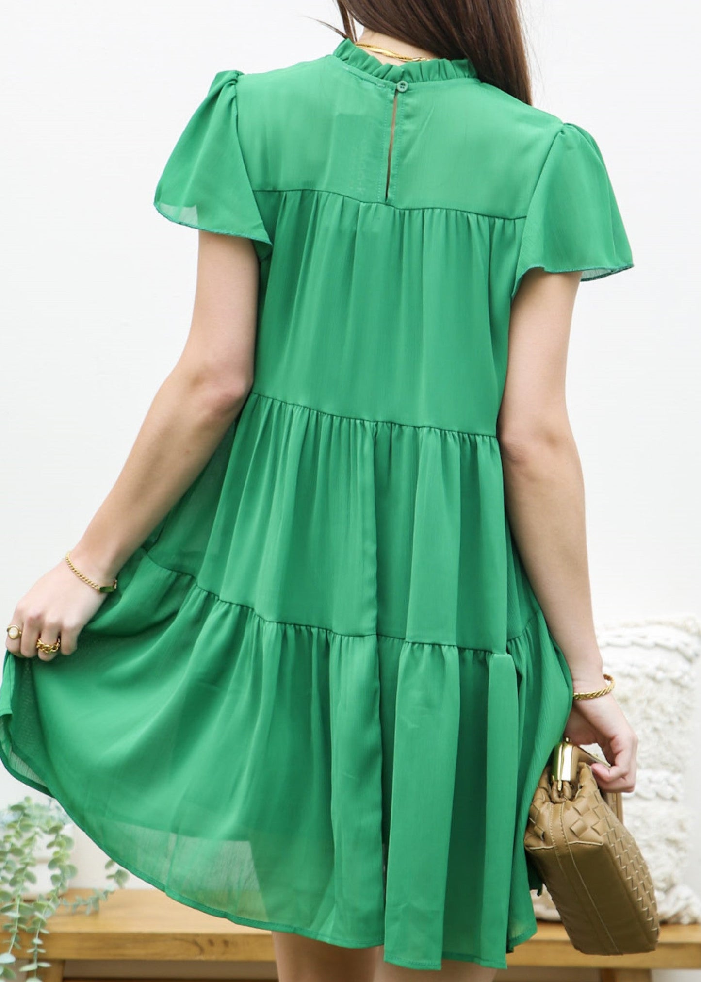 Shirred High Neck Tiered Dress