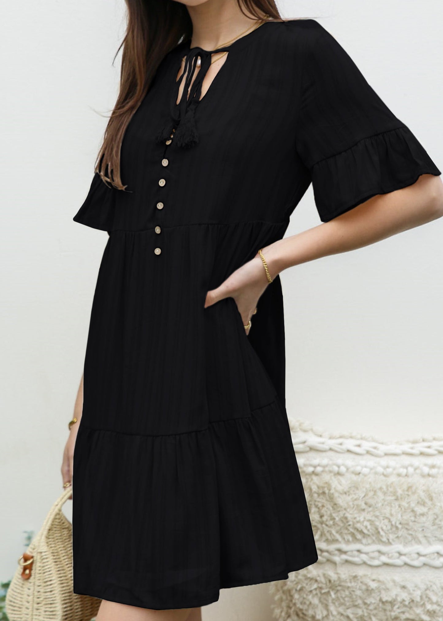 V Neck Button Front Shift Dress