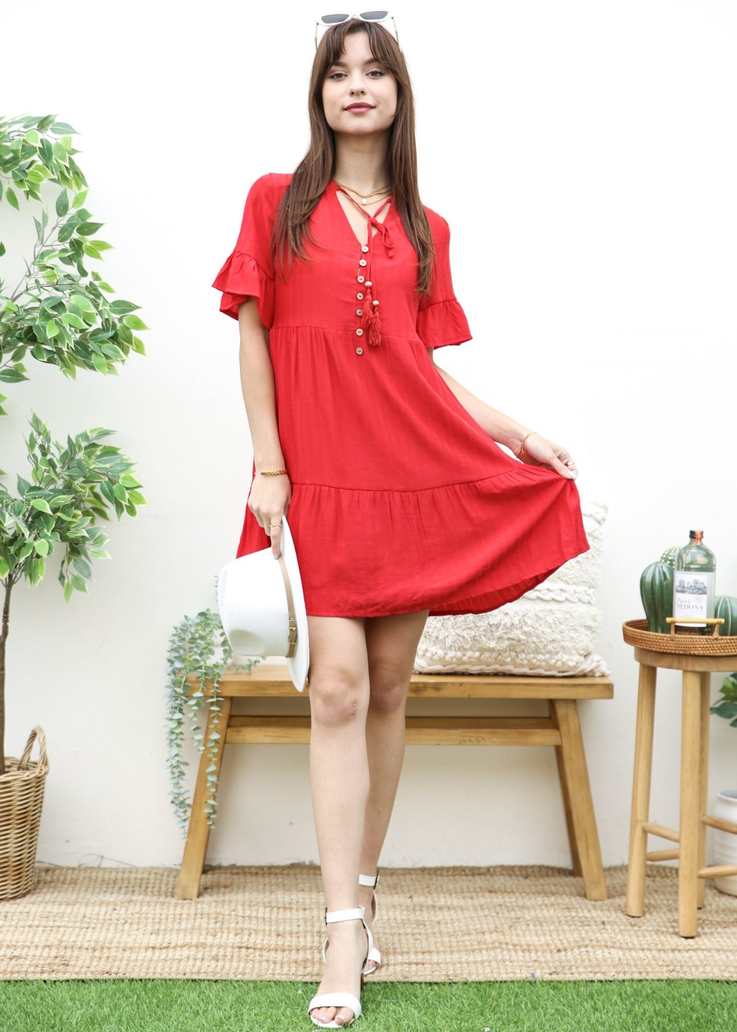 V Neck Button Front Shift Dress