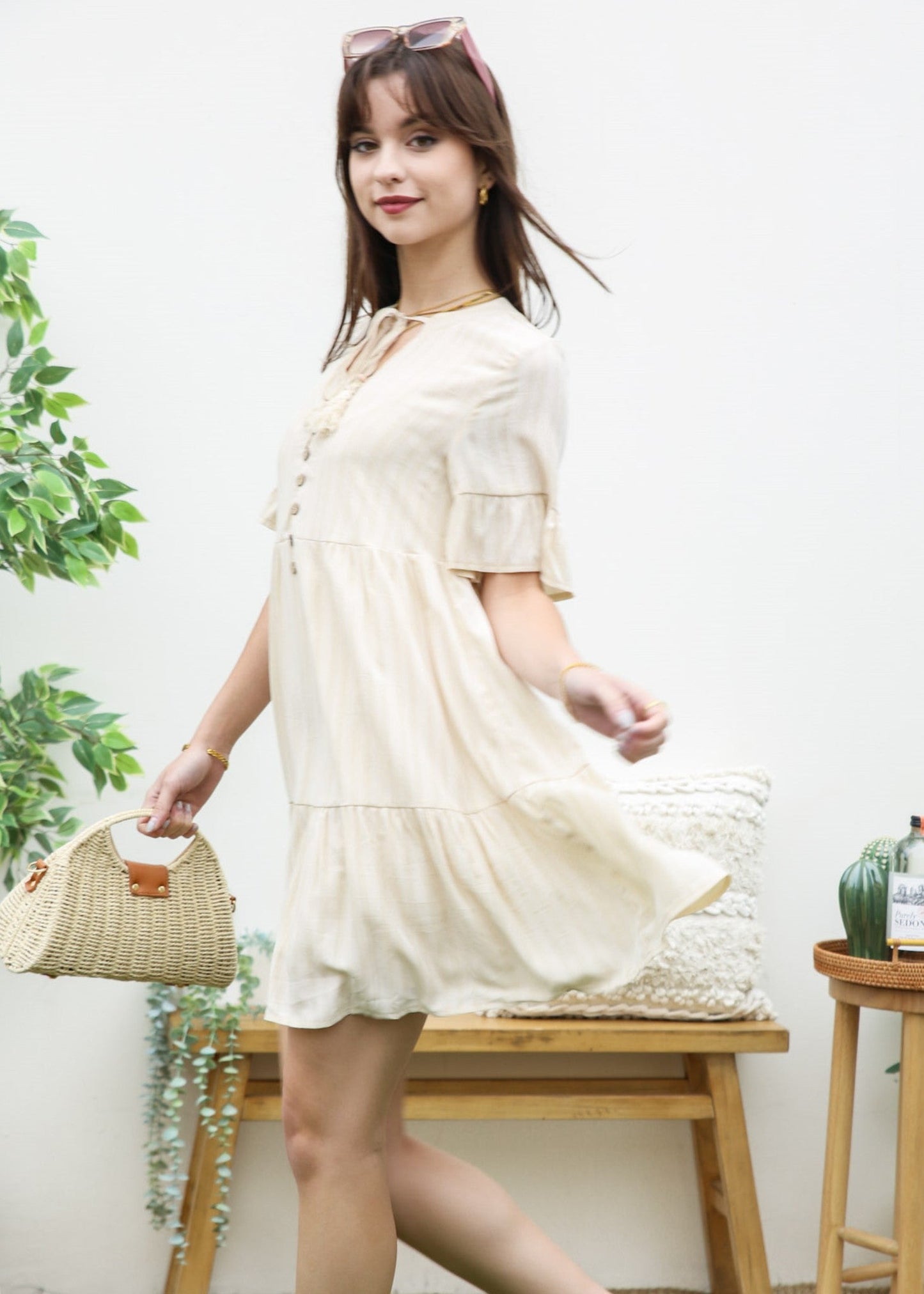 V Neck Button Front Shift Dress