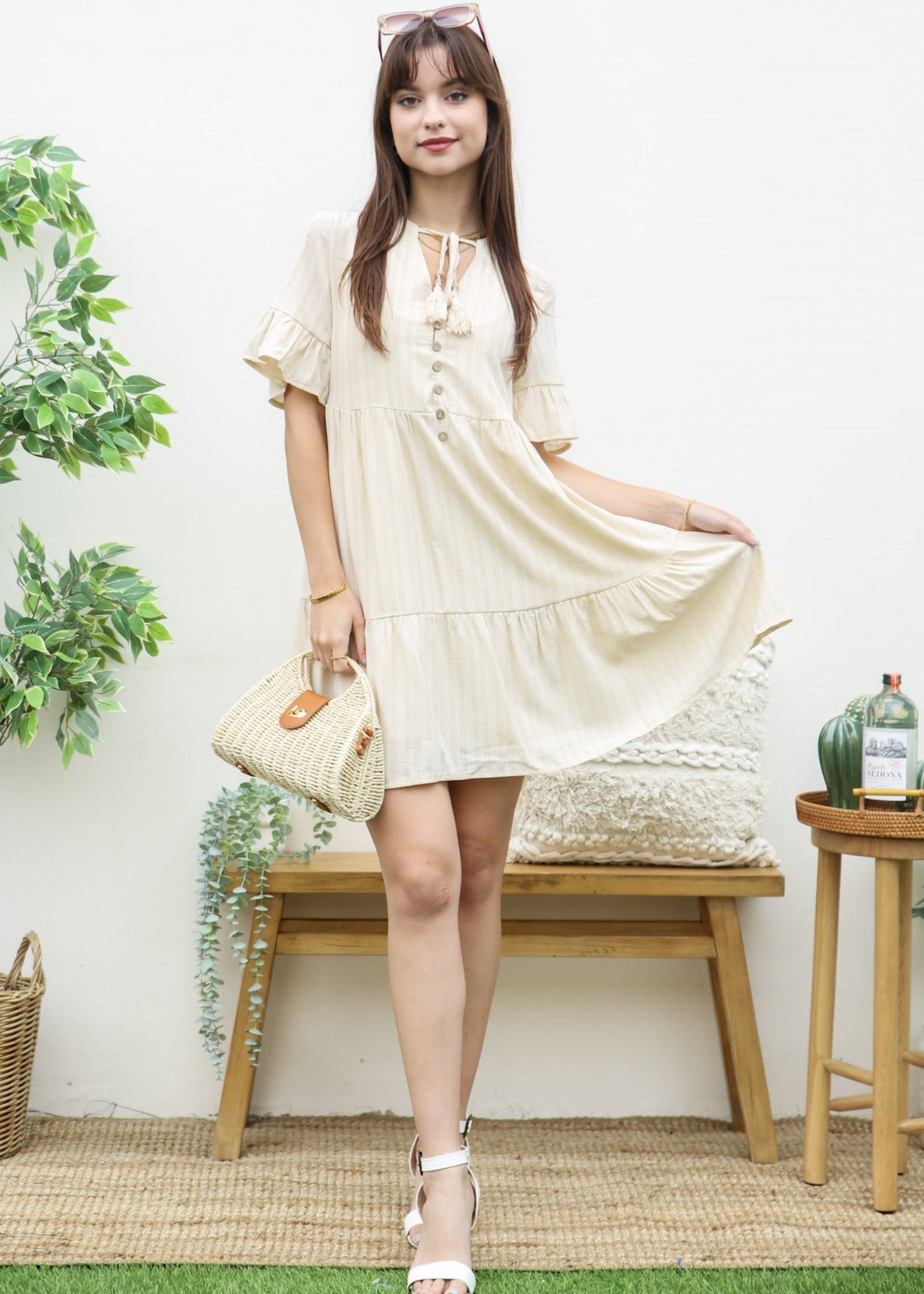 V Neck Button Front Shift Dress