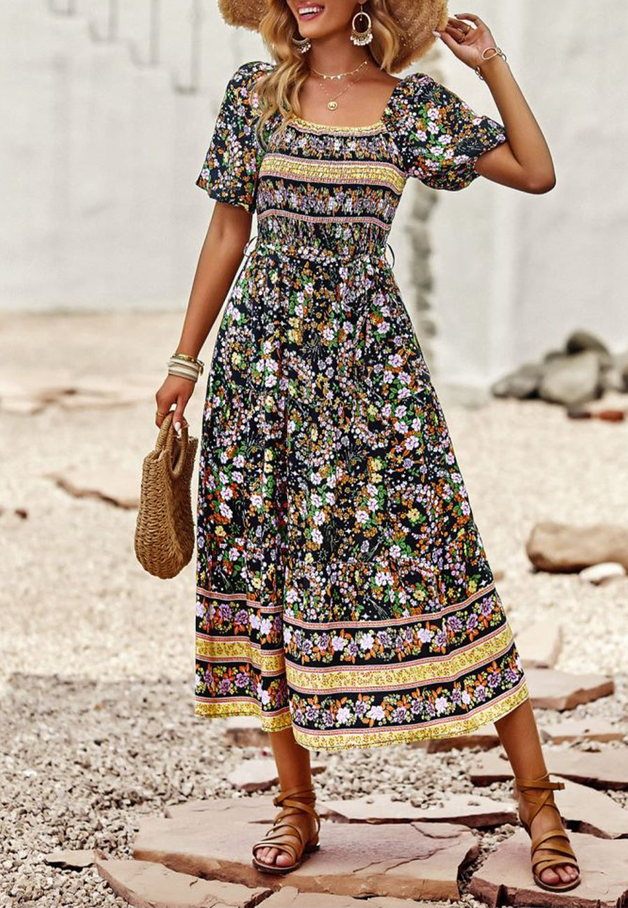 Square Neck Vintage Midi Dress