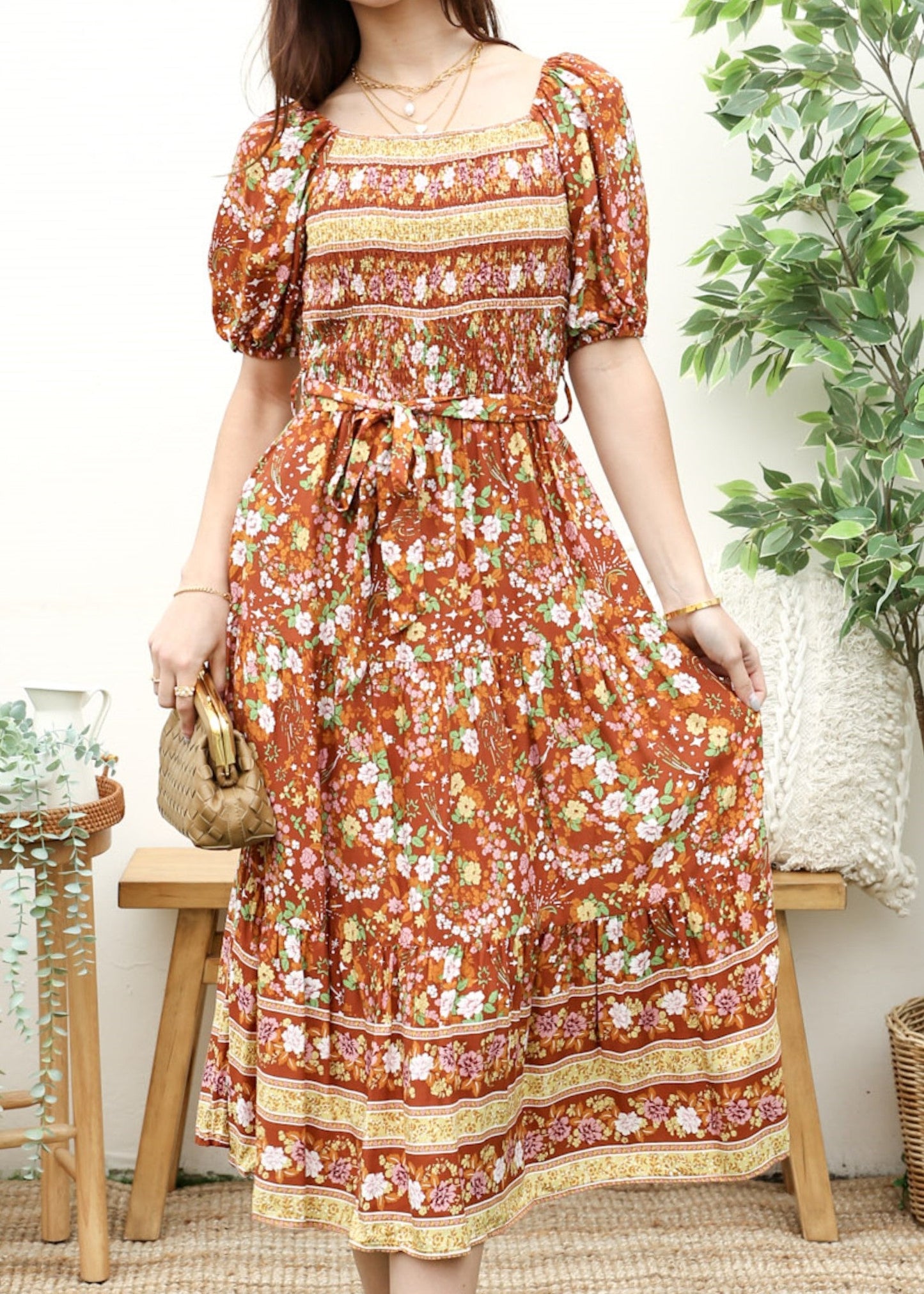 Square Neck Vintage Midi Dress