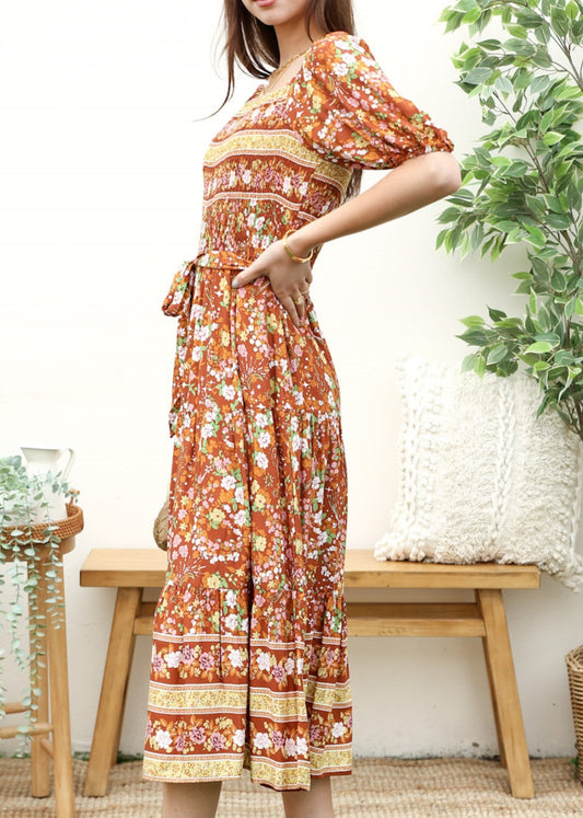 Square Neck Vintage Midi Dress