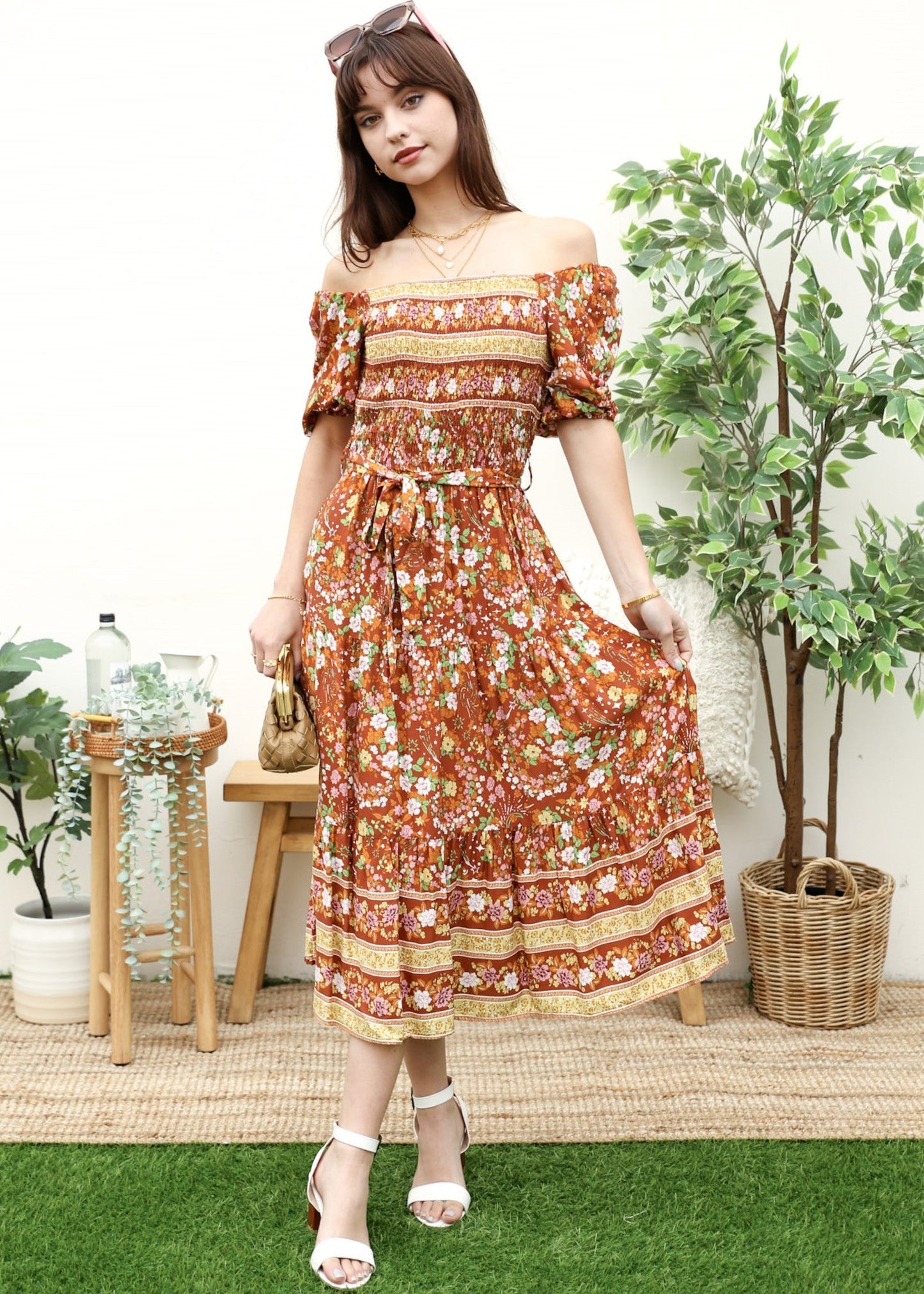 Square Neck Vintage Midi Dress