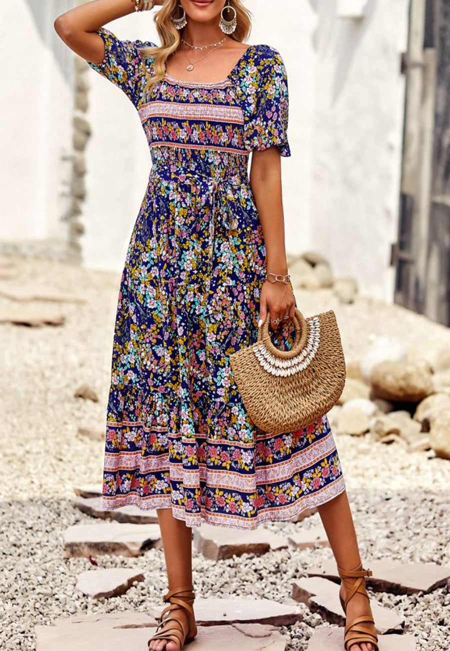 Square Neck Vintage Midi Dress