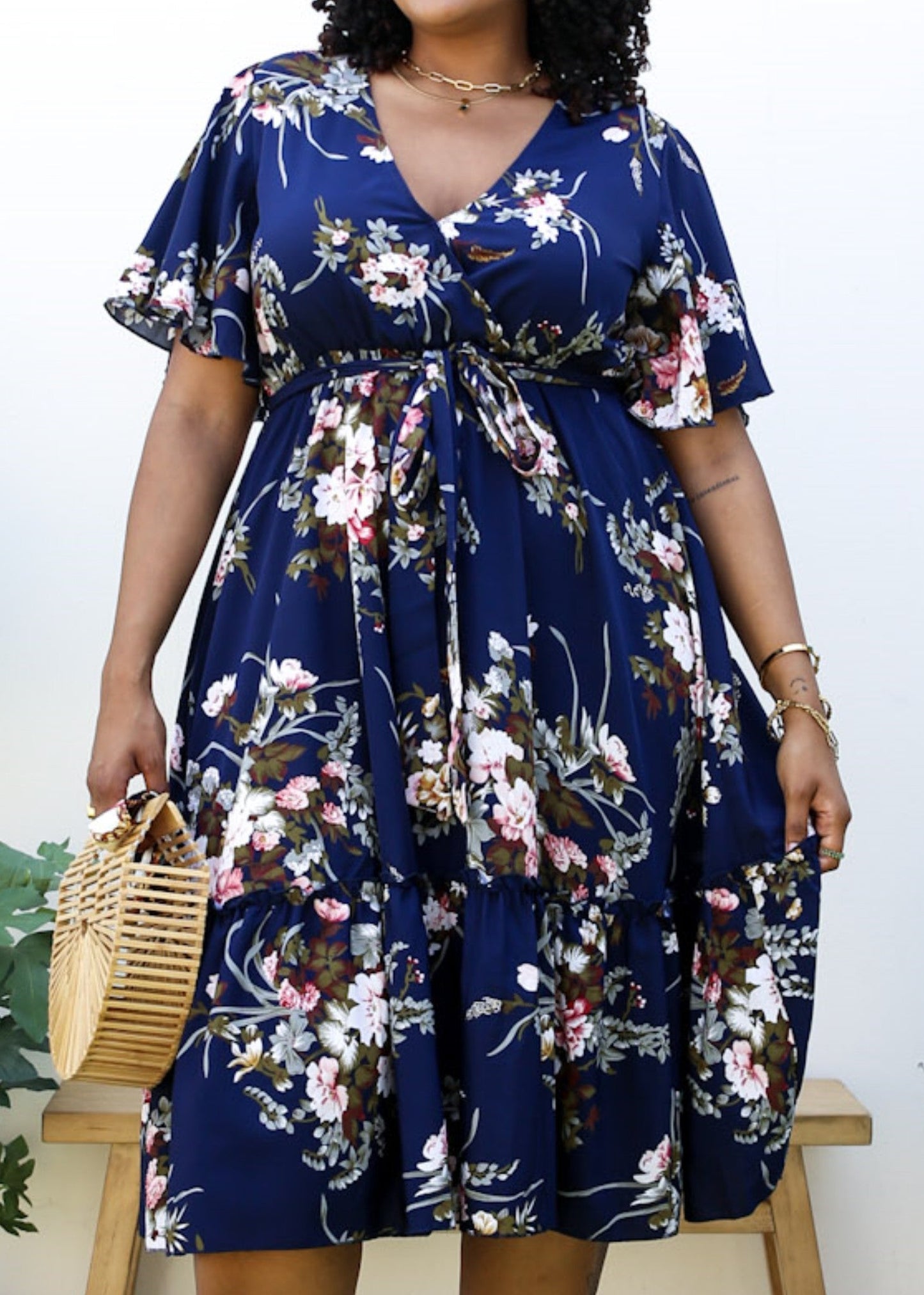 Plus Size V Neck Floral Print Flowy Navy Maxi Dress