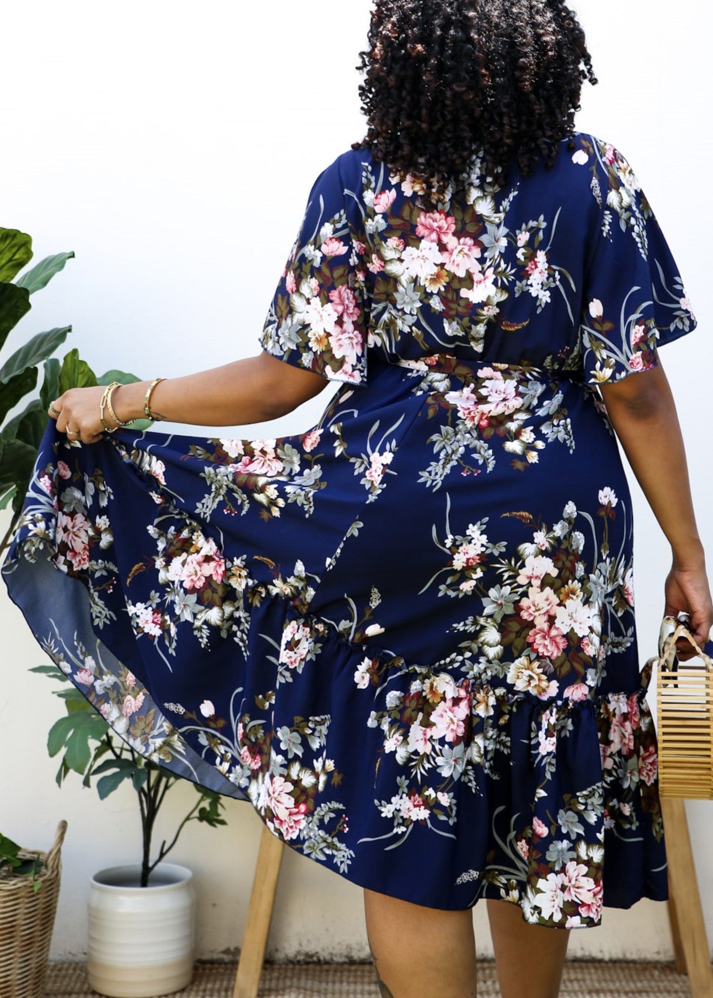 Plus Size V Neck Floral Print Flowy Navy Maxi Dress