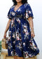 Plus Size V Neck Floral Print Flowy Navy Maxi Dress