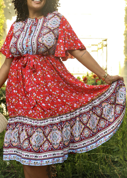 Plus Size Paisley Floral Boho Print Tie Waist Midi Dress