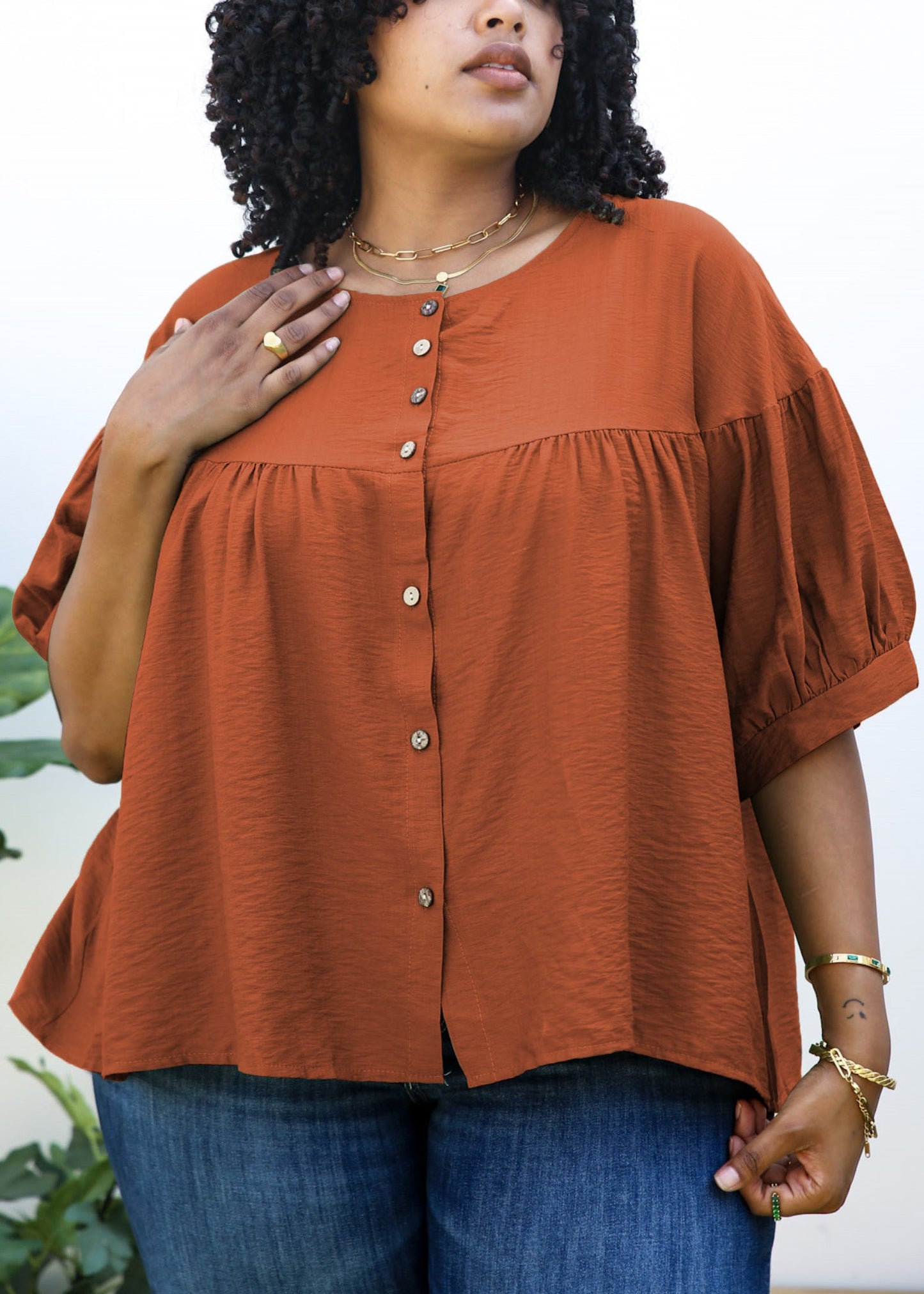 Plus Size Round Neck Ruffle 3/4 Sleeve Button Up Blouse