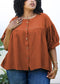 Plus Size Round Neck Ruffle 3/4 Sleeve Button Up Blouse