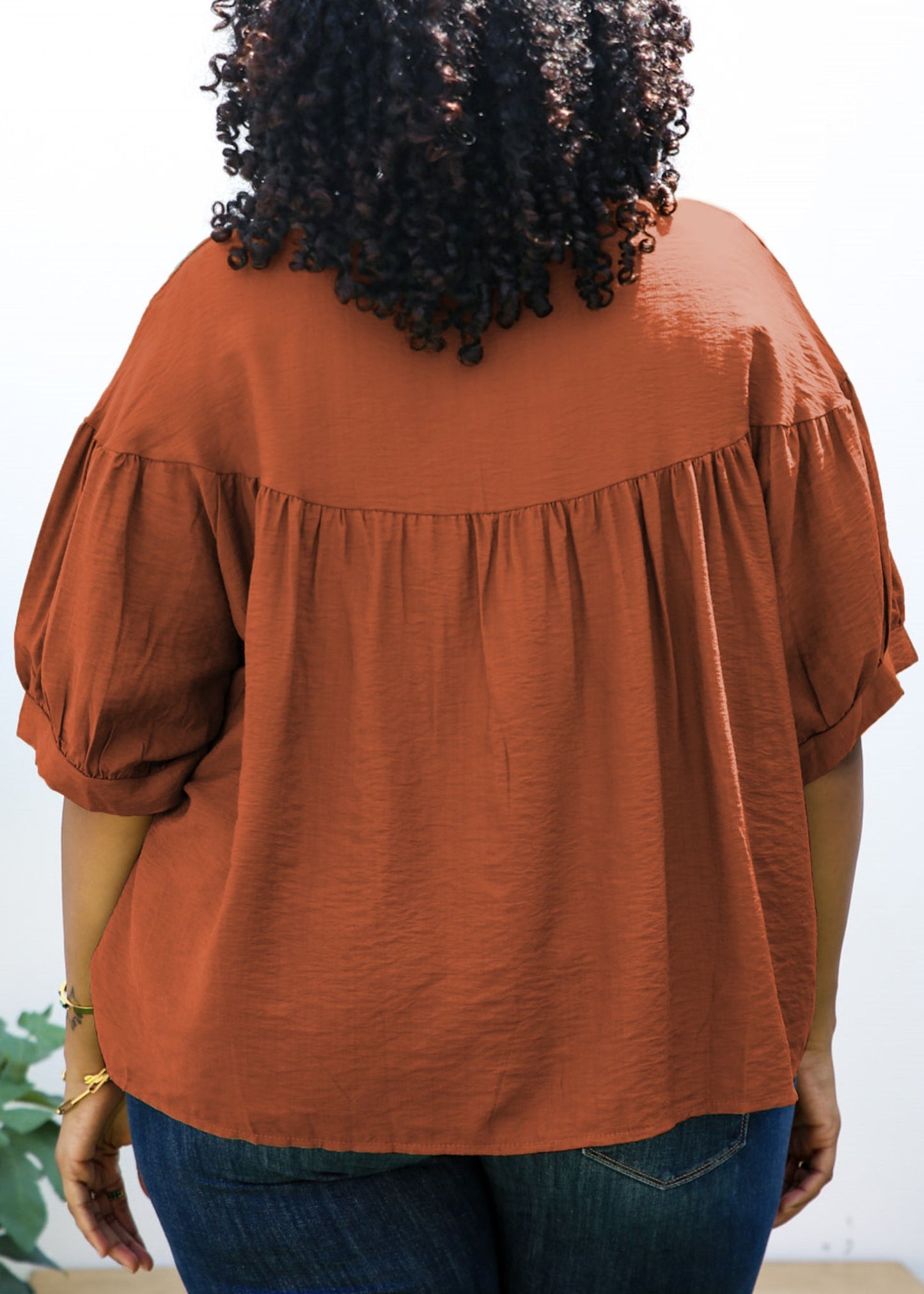 Plus Size Round Neck Ruffle 3/4 Sleeve Button Up Blouse