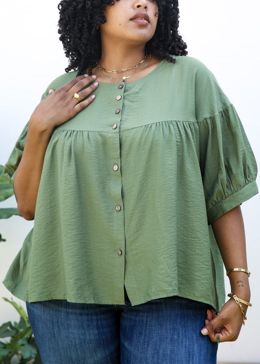 Plus Size Round Neck Ruffle 3/4 Sleeve Button Up Blouse
