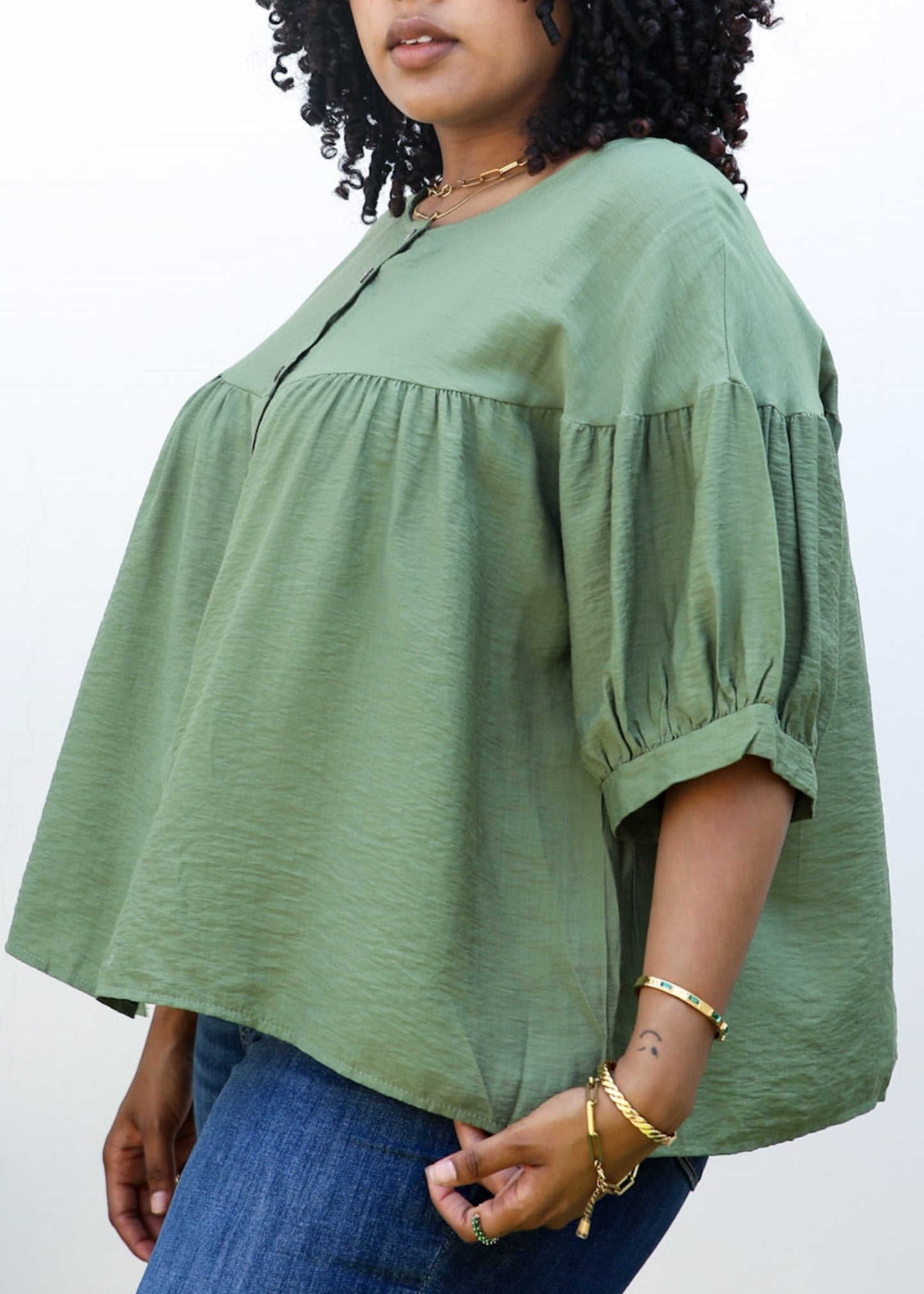 Plus Size Round Neck Ruffle 3/4 Sleeve Button Up Blouse