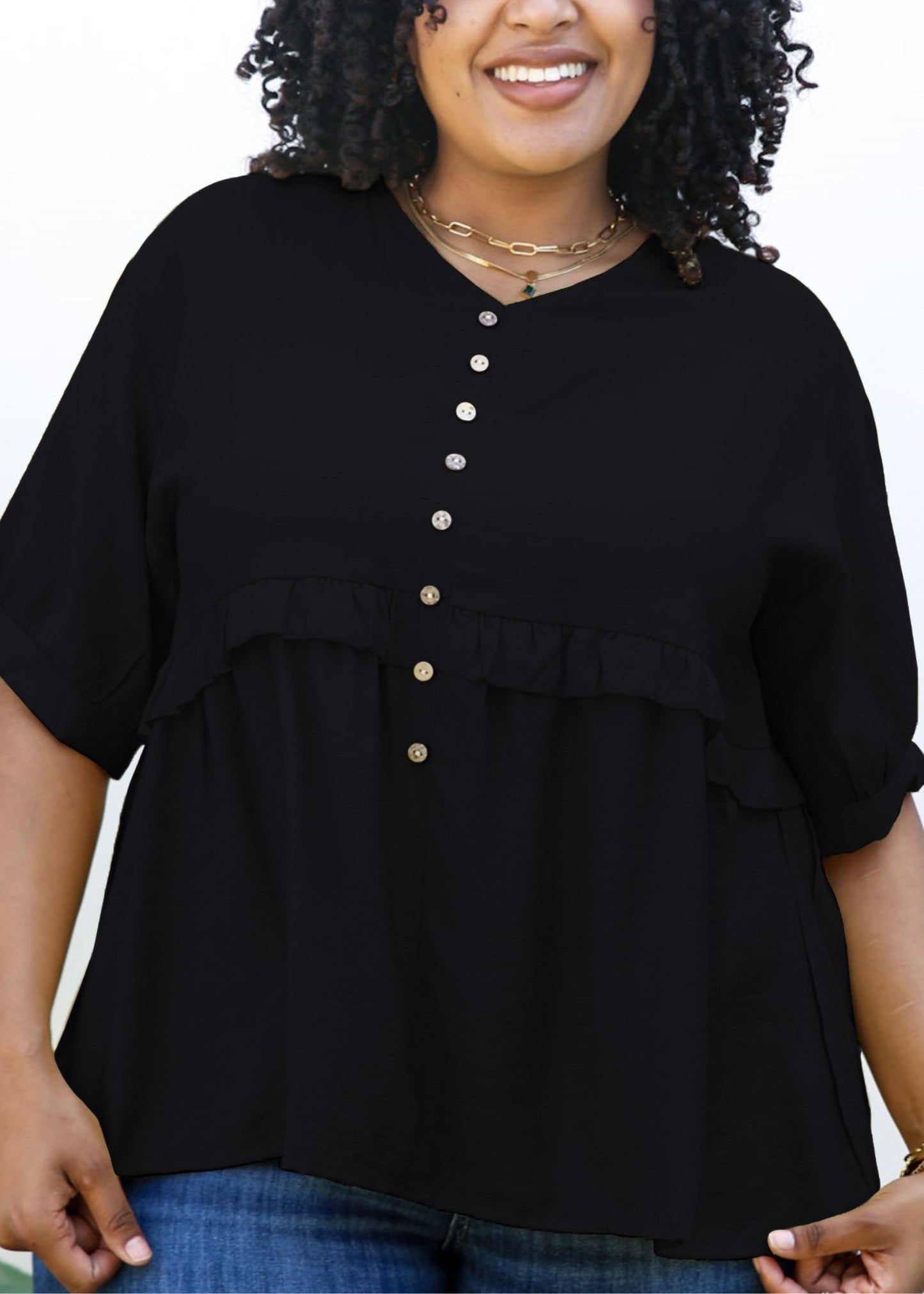 Plus Size Button-Up Front Ruffle Solid Color Blouse