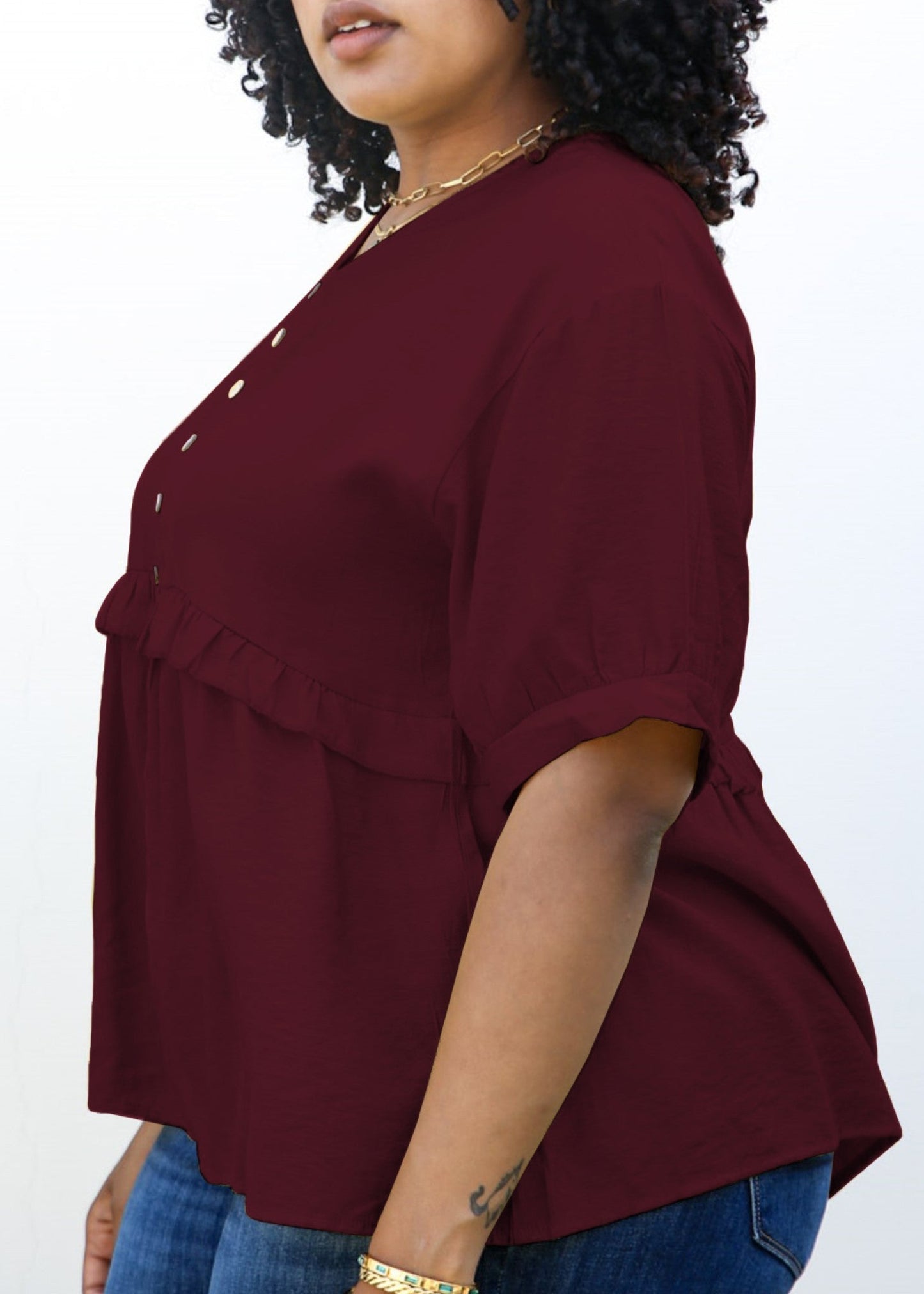 Plus Size Button-Up Front Ruffle Solid Color Blouse