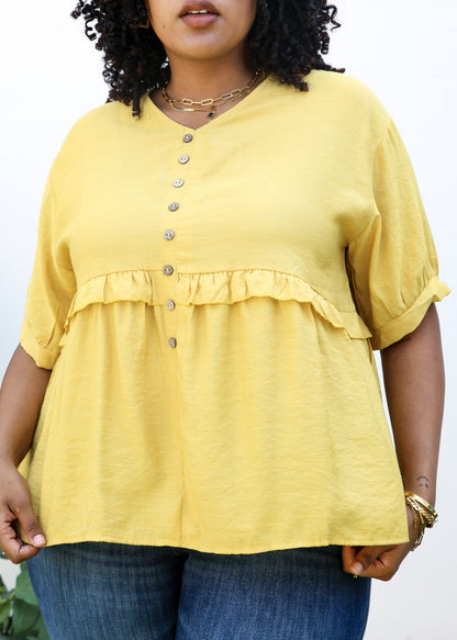 Plus Size Button-Up Front Ruffle Solid Color Blouse