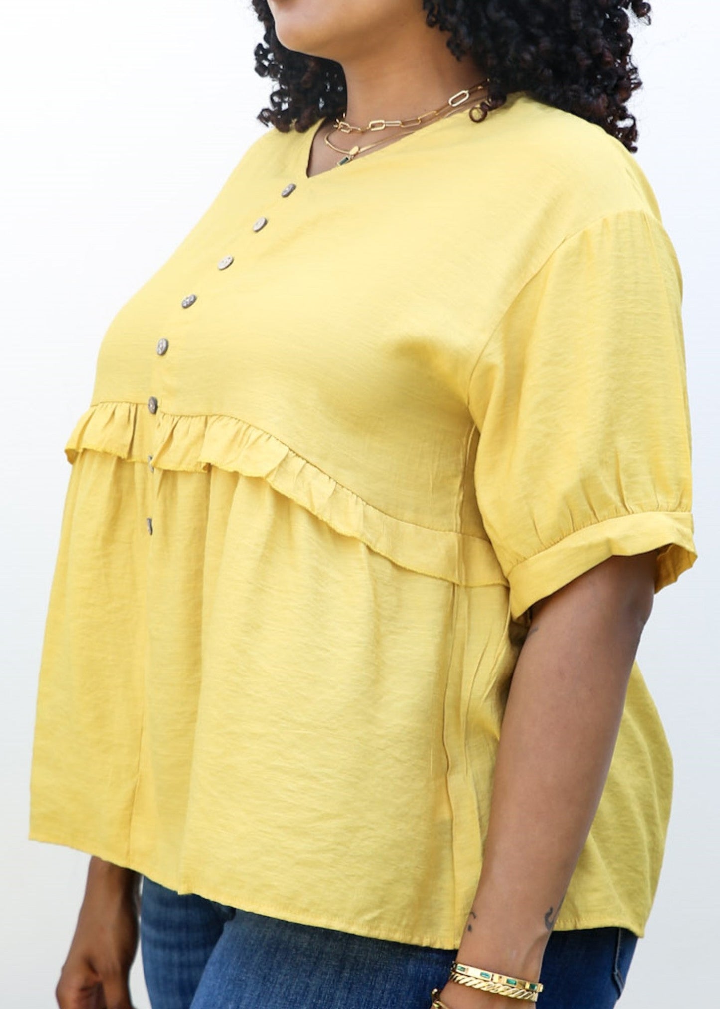 Plus Size Button-Up Front Ruffle Solid Color Blouse