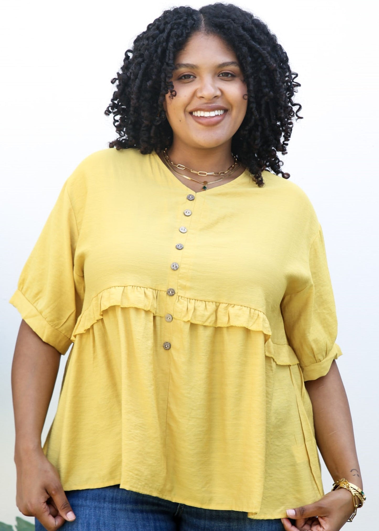 Plus Size Button-Up Front Ruffle Solid Color Blouse