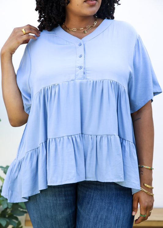 Plus Size Button Up Ruffle Tiered Solid Color Blouse