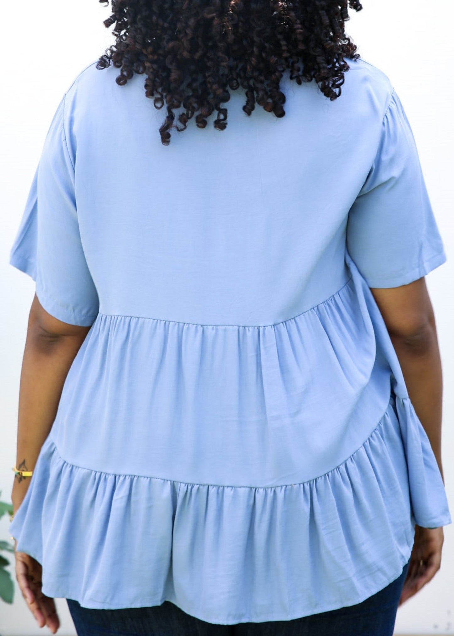 Plus Size Button Up Ruffle Tiered Solid Color Blouse