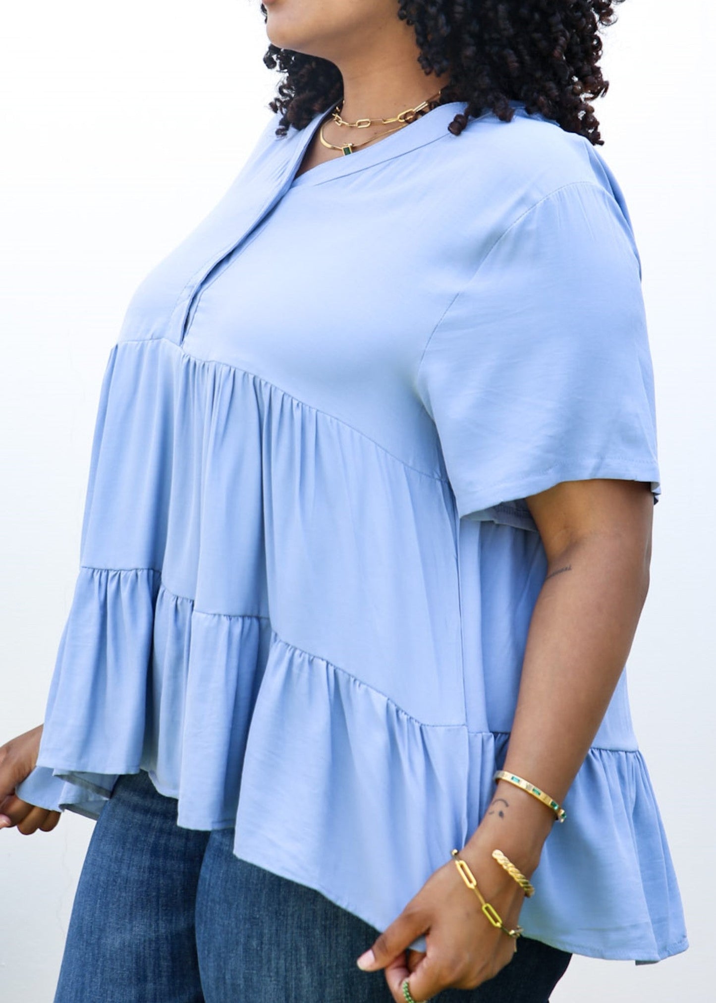 Plus Size Button Up Ruffle Tiered Solid Color Blouse