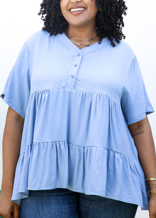 Plus Size Button Up Ruffle Tiered Solid Color Blouse