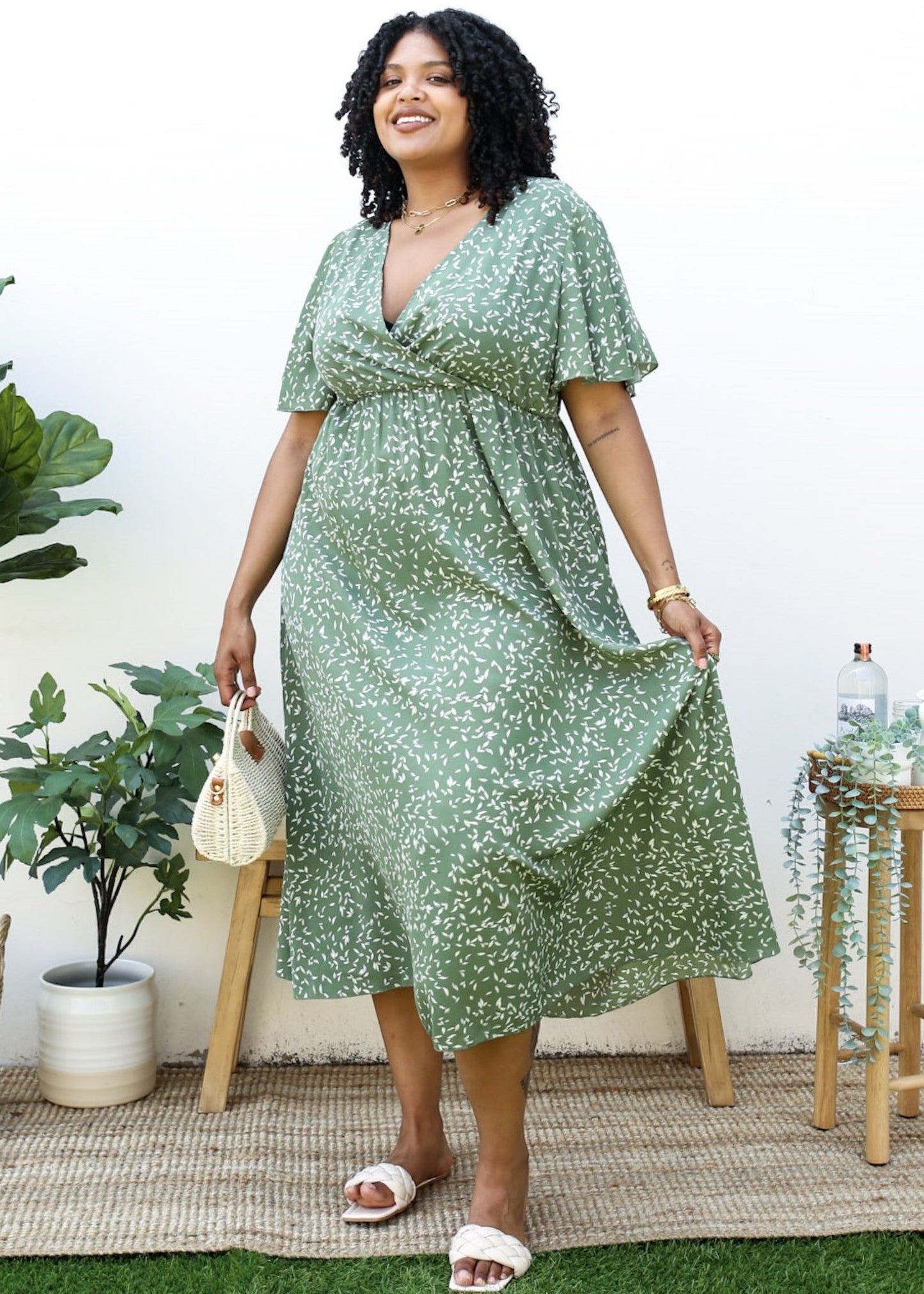 Plus Size V-Neck White Floral Print Wrap Maxi Dress