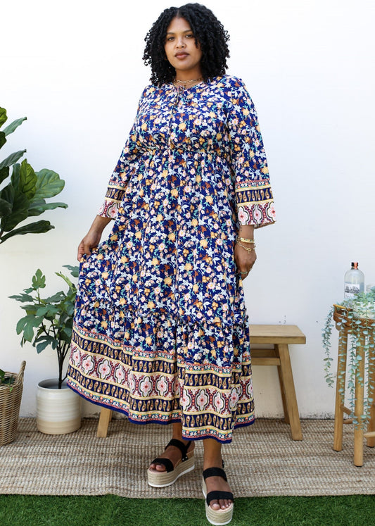 Plus Size Boho Floral Empire Waist Paisley Print Maxi Dress