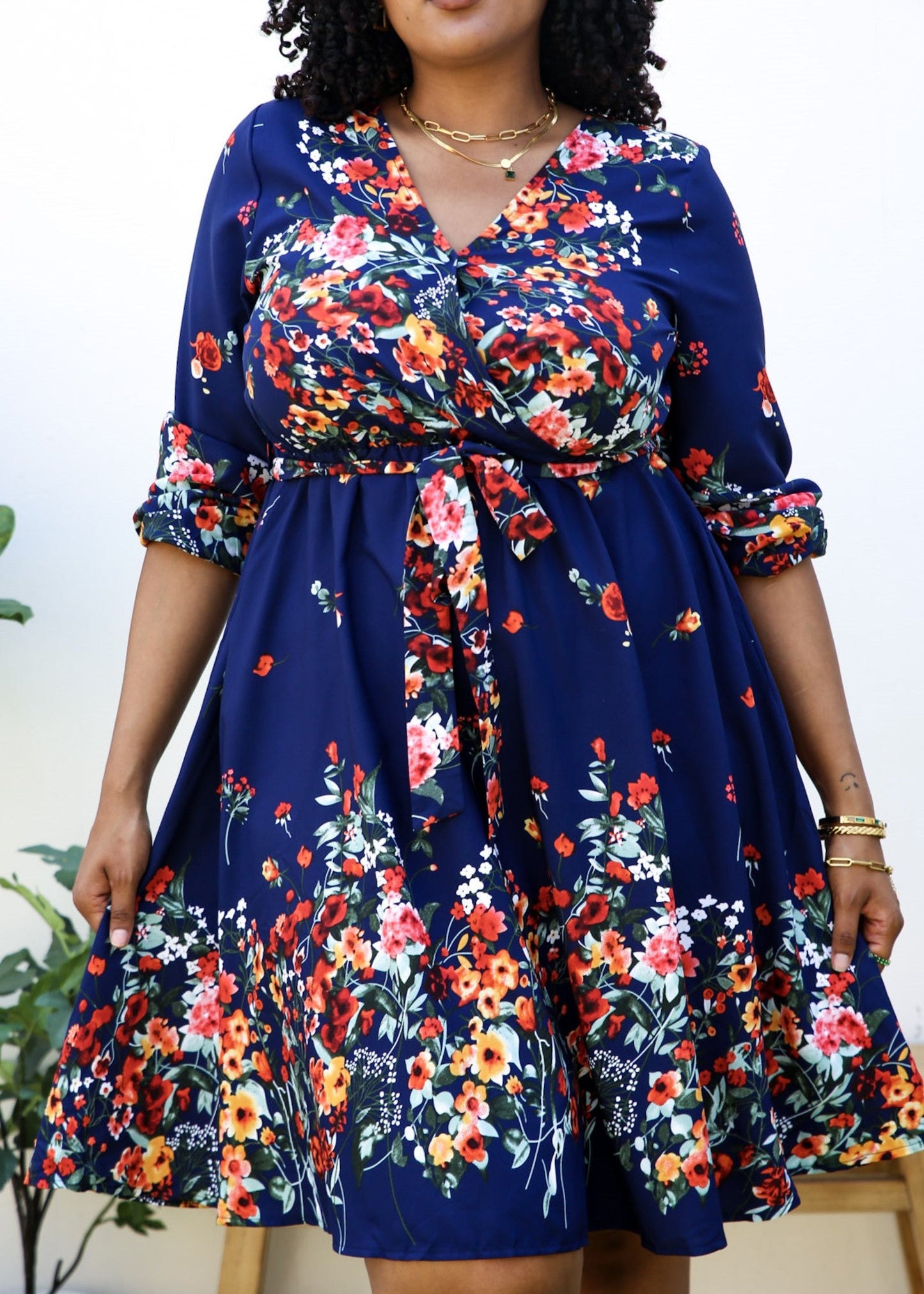 Plus Size Floral Mix Print Tied Belt Waist Navy Midi Dress