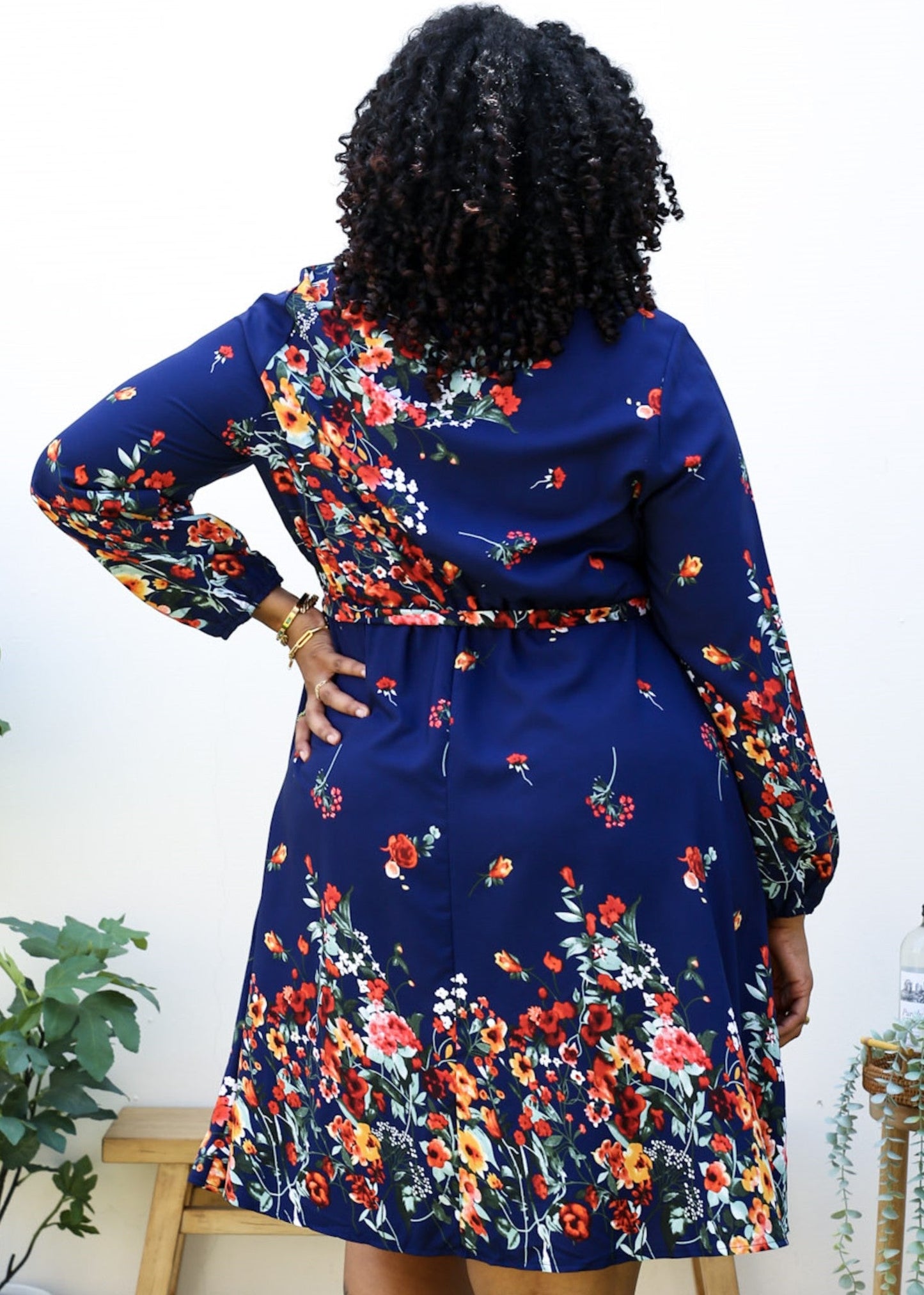 Plus Size Floral Mix Print Tied Belt Waist Navy Midi Dress