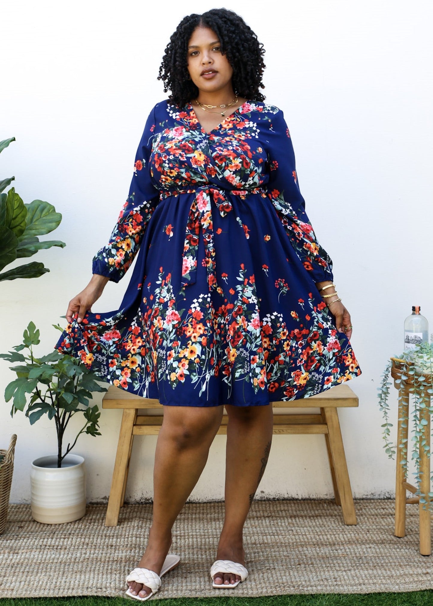 Plus Size Floral Mix Print Tied Belt Waist Navy Midi Dress