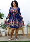 Plus Size Floral Mix Print Tied Belt Waist Navy Midi Dress