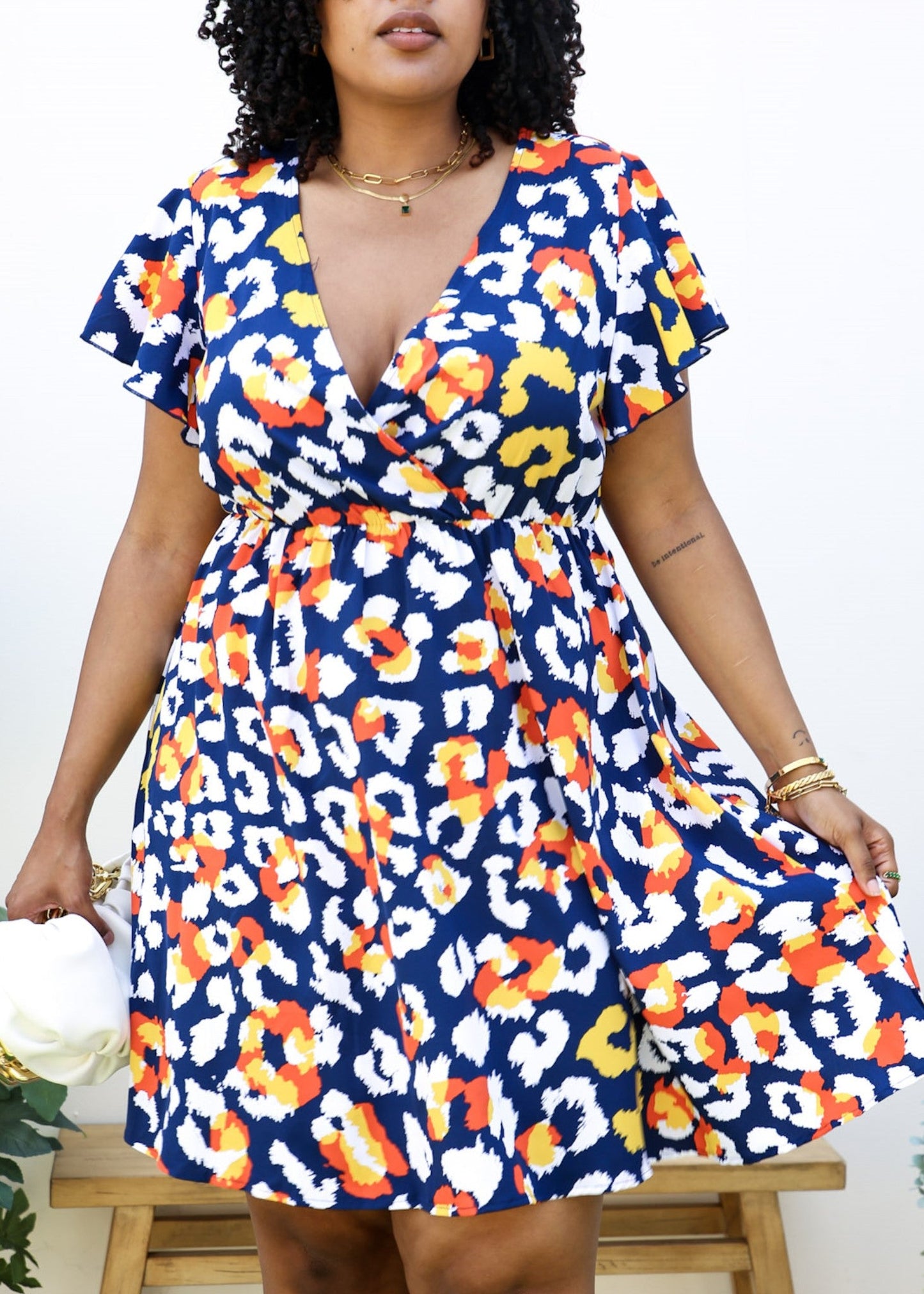 Plus Size Abstract Print Ruffle Sleeve Wrap Dress