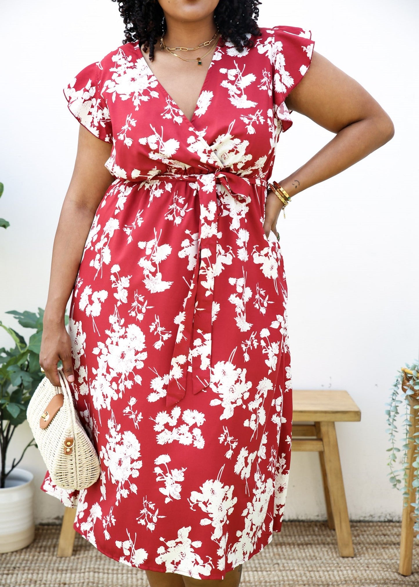 Plus Size Tropical Floral Print Maxi Wrap Dress with Ruffle Sleeves