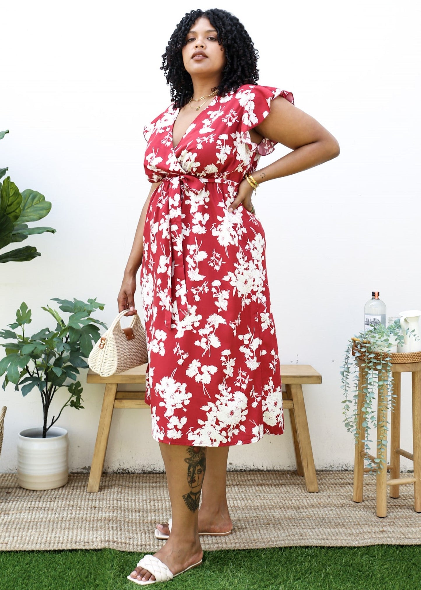 Plus Size Tropical Floral Print Maxi Wrap Dress with Ruffle Sleeves