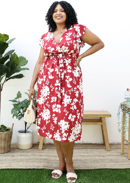 Plus Size Tropical Floral Print Maxi Wrap Dress with Ruffle Sleeves