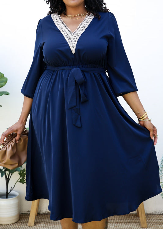 Plus Size Crochet V Neck Boho Long Sleeve Dress