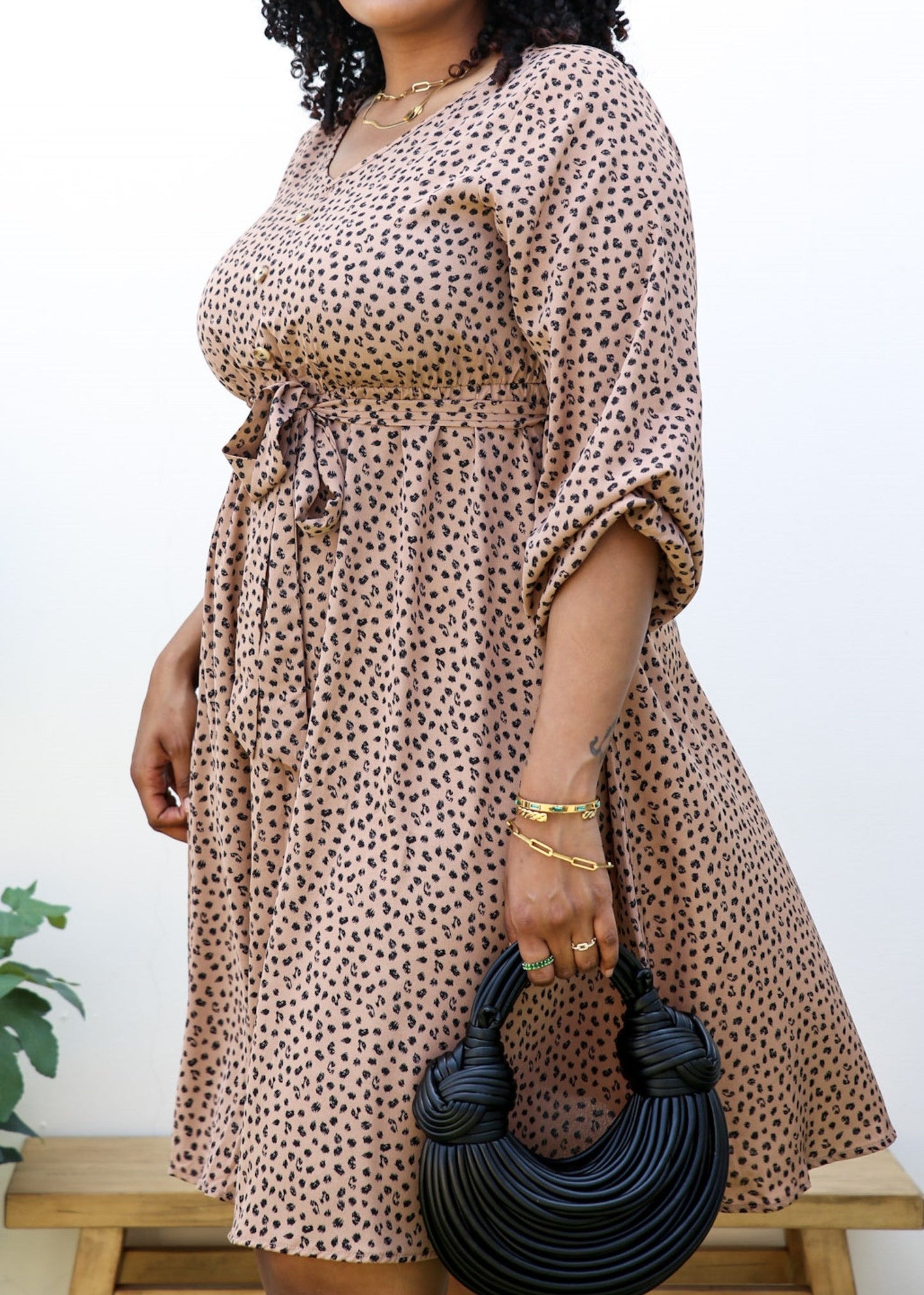 Plus Size Leopard Print Midi Dress with Faux Button Front