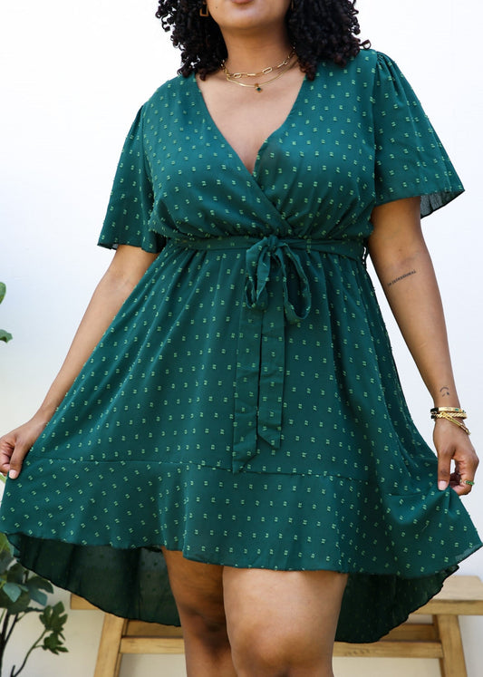 Plus Size Green Swiss Dot Midi Dress with High-Low Skirt